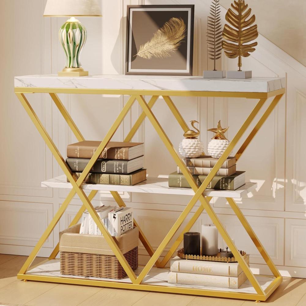 image:imageGarvee 3Tier Entryway Table Industrial Console Sofa Table with Storage Accent Table with Open Shelves DiamondShaped Metal Frame Foyer Table for Entryway Hallway GrayWhite  Xshaped