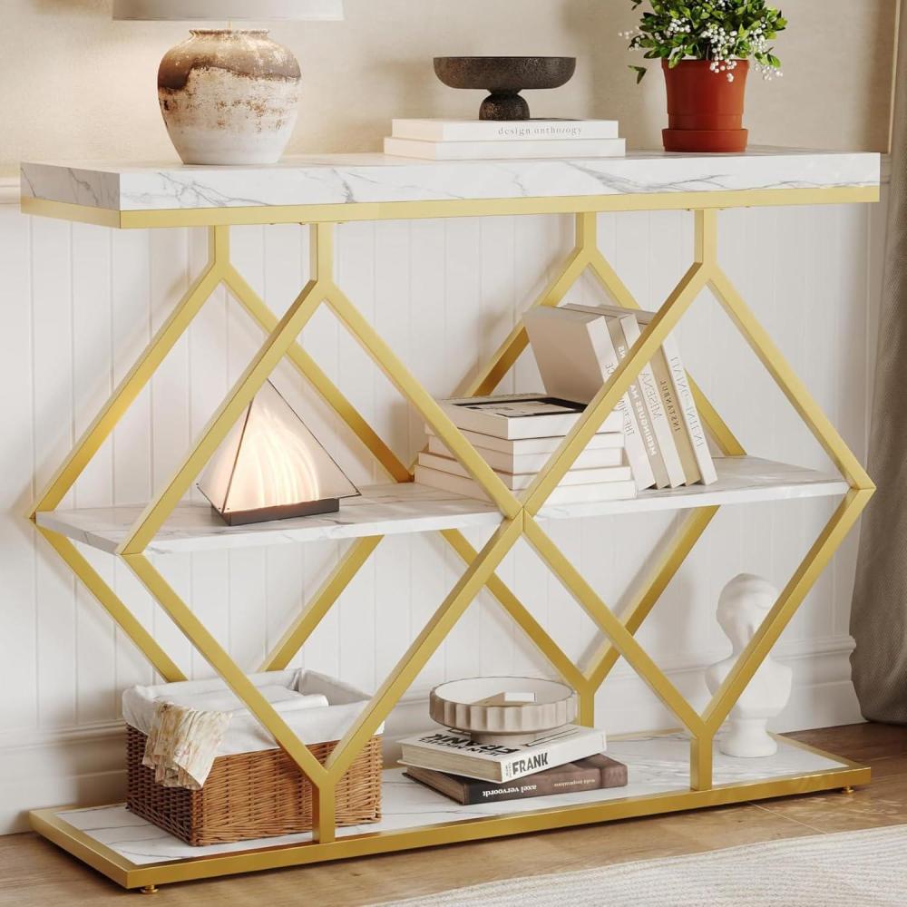 image:imageGarvee 3Tier Entryway Table Industrial Console Sofa Table with Storage Accent Table with Open Shelves DiamondShaped Metal Frame Foyer Table for Entryway Hallway GrayWhite  Diamondshaped