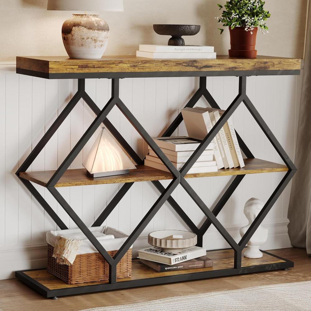 image:imageGarvee 3Tier Entryway Table Industrial Console Sofa Table with Storage Accent Table with Open Shelves DiamondShaped Metal Frame Foyer Table for Entryway Hallway GrayRustic Brown  Diamondshaped