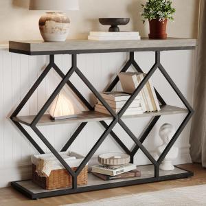 Garvee 3-Tier Entryway Table, Industrial Console Sofa Table with Storage, Accent Table with Open Shelves, Diamond-Shaped Metal Frame, Foyer Table for Entryway, Hallway, Gray(Gray + Diamond-shaped)