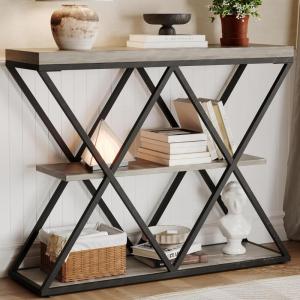 Garvee 3-Tier Entryway Table, Industrial Console Sofa Table with Storage, Accent Table with Open Shelves, Diamond-Shaped Metal Frame, Foyer Table for Entryway, Hallway, Gray(Gray + X-shaped)