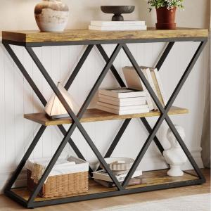 Garvee 3-Tier Entryway Table, Industrial Console Sofa Table with Storage, Accent Table with Open Shelves, Diamond-Shaped Metal Frame, Foyer Table for Entryway, Hallway, Gray(Rustic Brown + X-shaped)