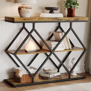 Garvee 3-Tier Entryway Table, Industrial Console Sofa Table with Storage, Accent Table with Open Shelves, Diamond-Shaped Metal Frame, Foyer Table for Entryway, Hallway, Gray(Rustic Brown + Diamond-shaped)