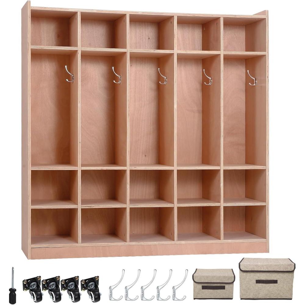 image:imageGarvee Finished 5Section Kids Coat Locker Smooth Wood Surface with 10 Classroom Cubbies 2 Antitip Kits 4 Casters amp 2 Storage Boxes for Kindergarten Daycare or Home Use5  15 cubbies