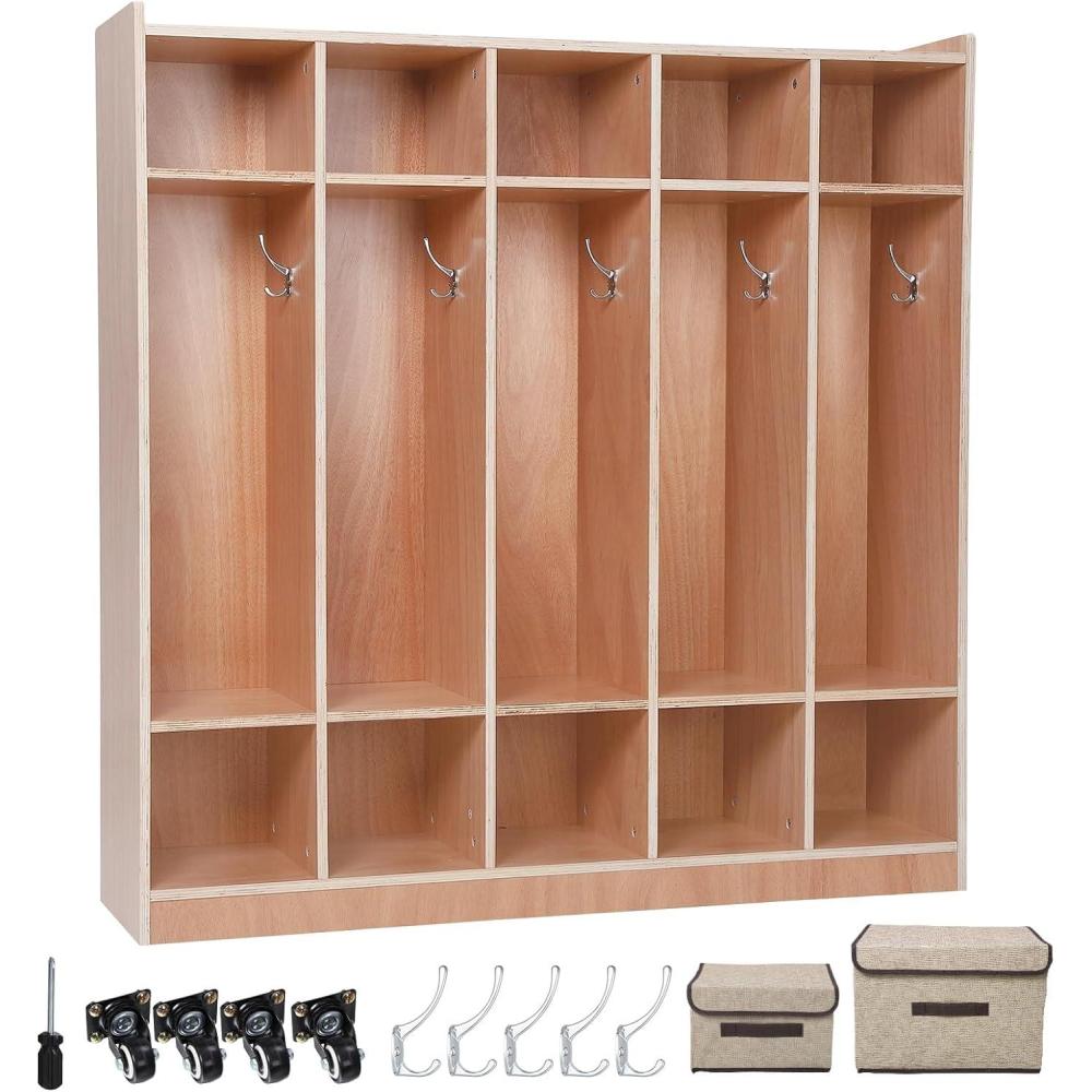 image:imageGarvee Finished 5Section Kids Coat Locker Smooth Wood Surface with 10 Classroom Cubbies 2 Antitip Kits 4 Casters amp 2 Storage Boxes for Kindergarten Daycare or Home Use5  10