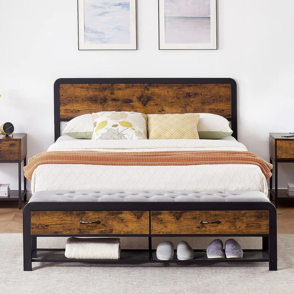 image:imageGarvee Full Size Bed Frame with Wooden Headboard amp 2 Storage Drawers Industrial Platform Bed with Heavy Duty Metal Slats Supports NoiseFree No Box Spring Needed Vintage Brown