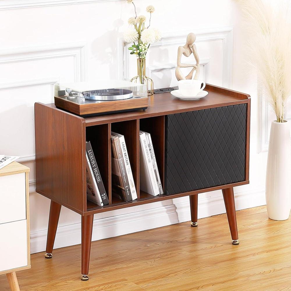 image:imageGarvee Record Player Stand with Charging Station and USB Ports Large Storage Space Holds Up to 300 Albums Vinyl Record Storage Cabinet Turntable Stand Record Player Table End TableBrown