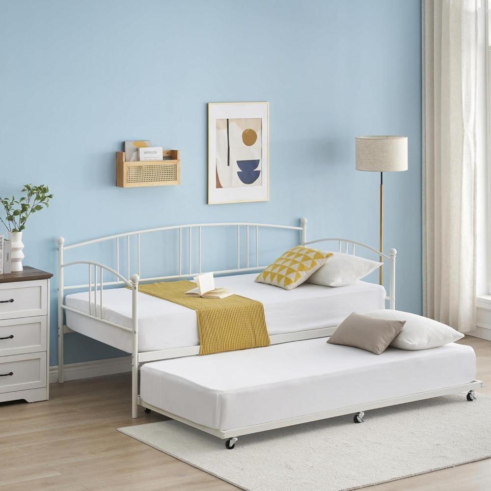 image:imageGarvee Twin Metal Daybed with Trundle Pullout Trundle Bed Frame with Arched Headboard Guest Sofa Bed with Steel Slat Support No Box Spring Required Easy Assembly White