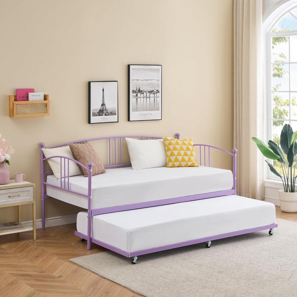 image:imageGarvee Twin Metal Daybed with Trundle Pullout Trundle Bed Frame with Arched Headboard Guest Sofa Bed with Steel Slat Support No Box Spring Required Easy Assembly Purple