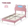 Garvee Twin Bed Frames, Platform Bed Frame with Upholstered and Led Headboard, Twin Bed Frames for Kids, Twin Bed Frame with Wooden Slats Support, Noise-Free, No Box Spring Needed, Pink