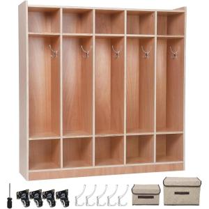 Garvee Finished 5-Section Kids Coat Locker, Smooth Wood Surface with 10 Classroom Cubbies, 2 Anti-tip Kits, 4 Casters & 2 Storage Boxes for Kindergarten, Daycare or Home Use(5 + 10)