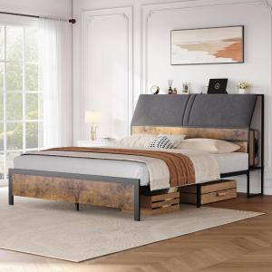 Garvee Full Size Bed Frame, Platform Bed Frame with Charging Station and Ergonomic Headboard, Metal Bed Frame with Under-Bed Storage Space, No Box Spring Needed, Easy Assembly, Vintage Brown