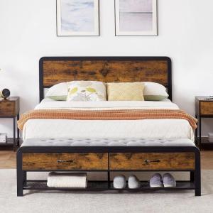 Garvee Full Size Bed Frame with Wooden Headboard & 2 Storage Drawers, Industrial Platform Bed with Heavy Duty Metal Slats Supports, Noise-Free, No Box Spring Needed, Vintage Brown