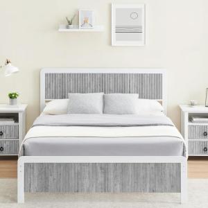 Garvee Queen Size Bed Frame with Wave Wood Headboard, Queen Platform Bed Frame with Safe Rounded Corners & Under Bed Storage, Strong Metal Slats Support, No Box Spring Needed, Grey
