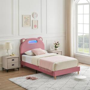 Garvee Twin Bed Frames, Platform Bed Frame with Upholstered and Led Headboard, Twin Bed Frames for Kids, Twin Bed Frame with Wooden Slats Support, Noise-Free, No Box Spring Needed, Pink
