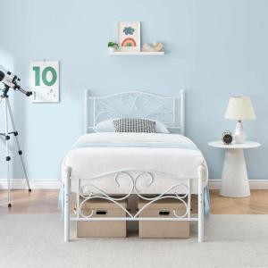 Garvee Twin Bed Frames, Twin Size Bed Frame with Headboard, Heavy Duty Mattress Foundation with Steel Slats Support, No Box Spring Needed, White