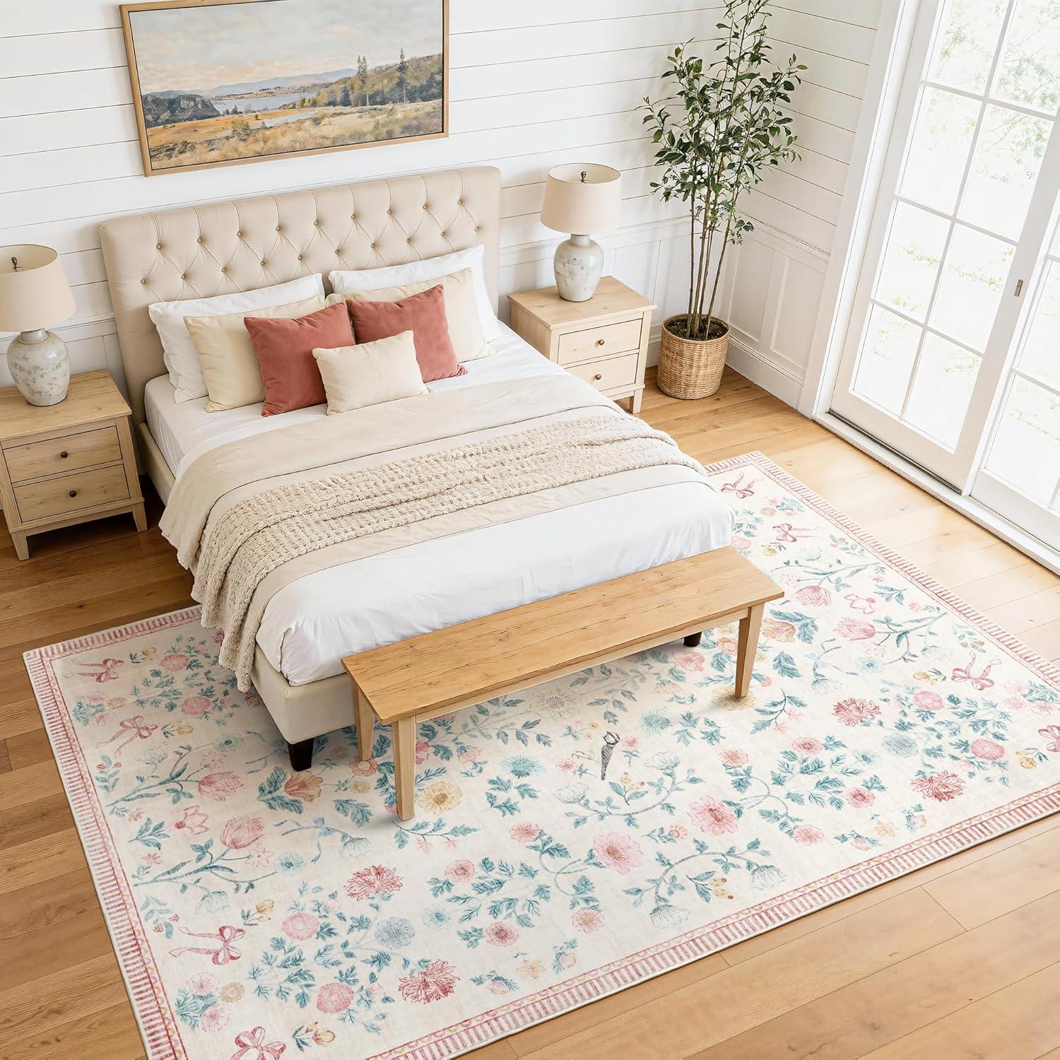image:image5x7 Area Rugs Living Room Rug Vintage Washable Rug Floral Soft Carpet Indoor Floor NonSlip Stain Resistant Large Carpets for Bedroom Kids Nursery Dining Room Farmhouse Home Office BlackPink