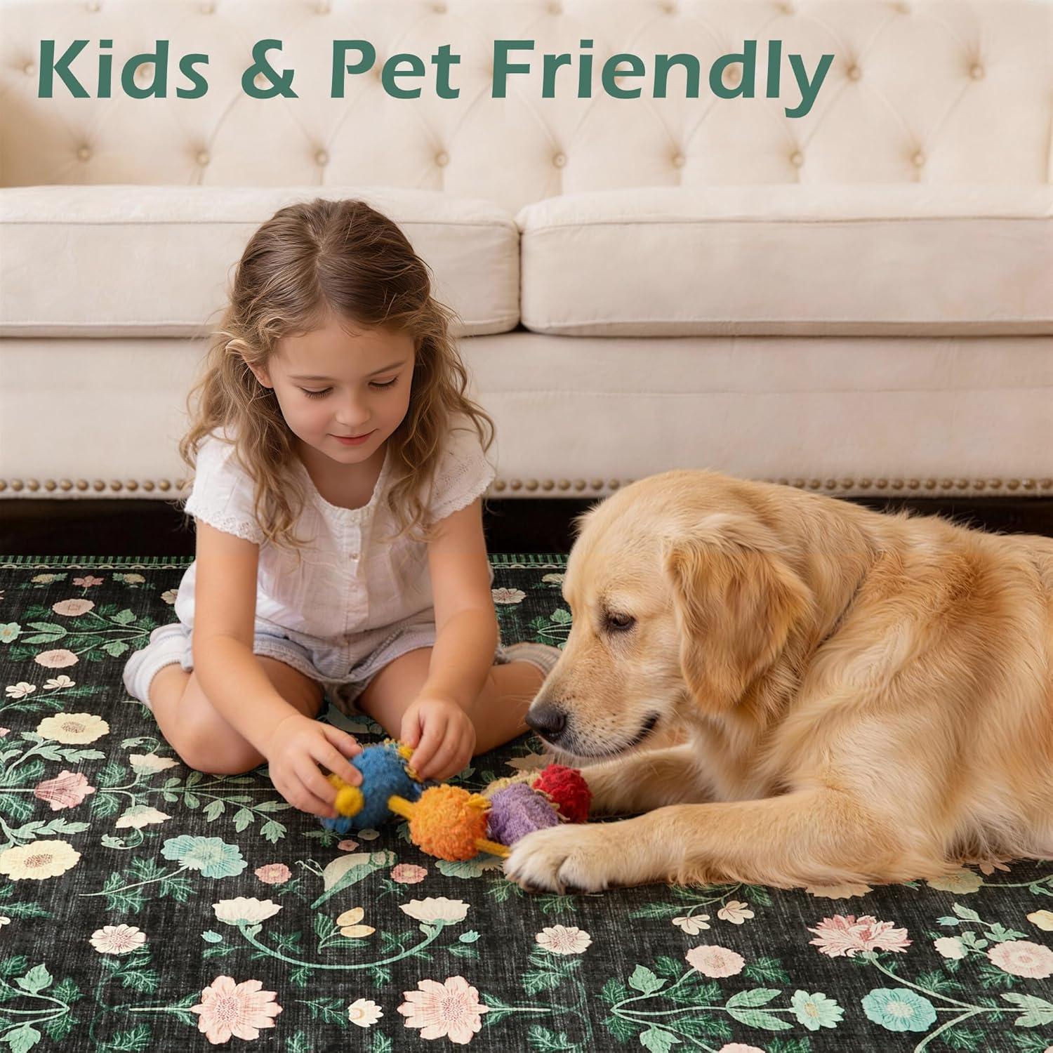 image:image5x7 Area Rugs Living Room Rug Vintage Washable Rug Floral Soft Carpet Indoor Floor NonSlip Stain Resistant Large Carpets for Bedroom Kids Nursery Dining Room Farmhouse Home Office BlackBlack