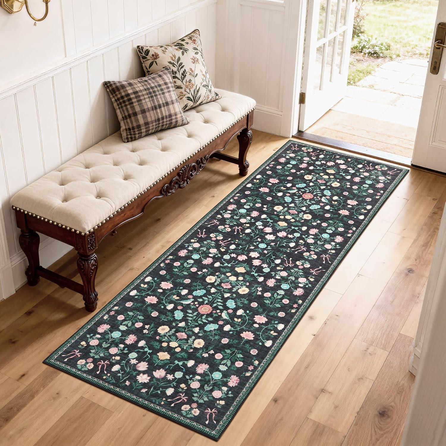 image:image5x7 Area Rugs Living Room Rug Vintage Washable Rug Floral Soft Carpet Indoor Floor NonSlip Stain Resistant Large Carpets for Bedroom Kids Nursery Dining Room Farmhouse Home Office BlackBlack