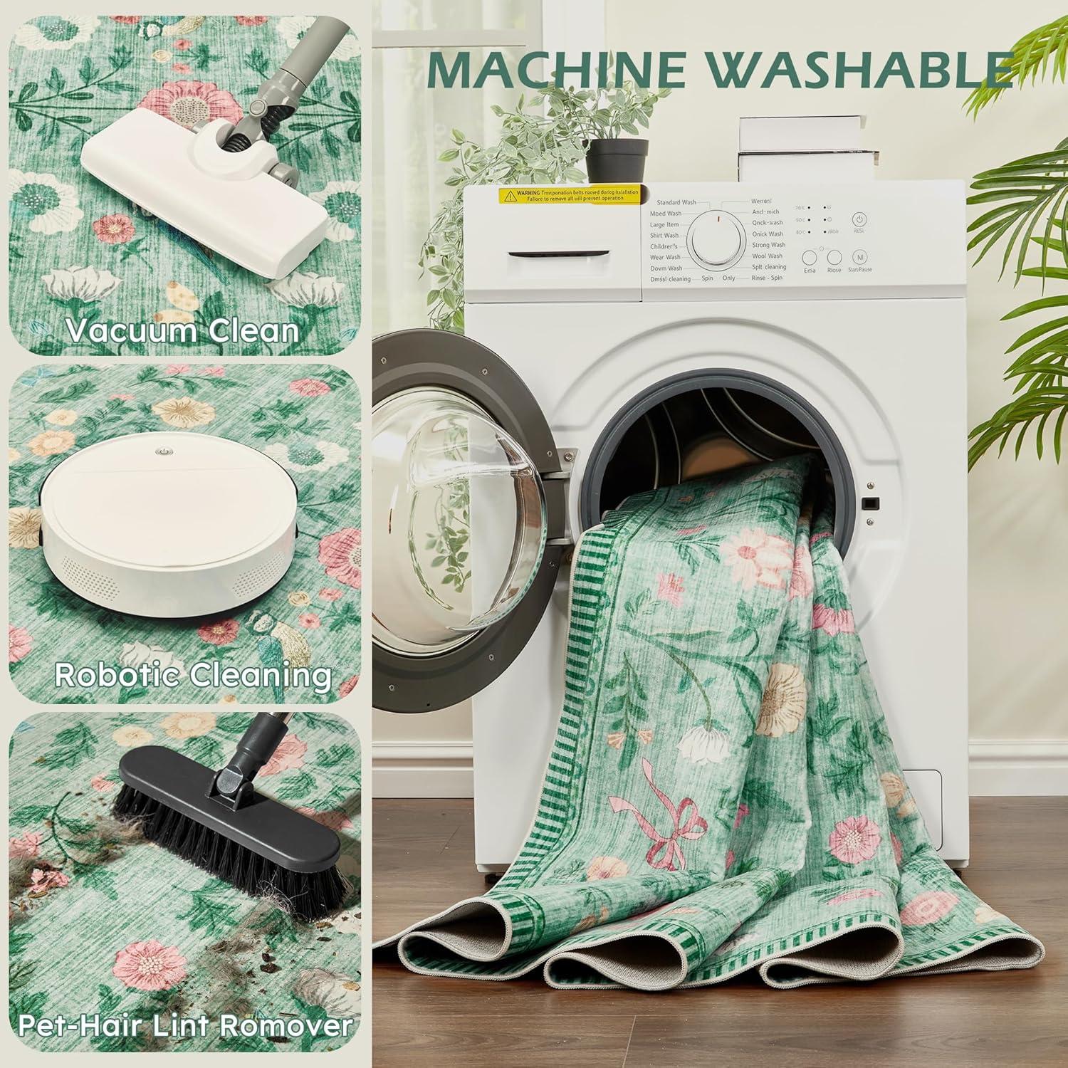 image:image5x7 Area Rugs Living Room Rug Vintage Washable Rug Floral Soft Carpet Indoor Floor NonSlip Stain Resistant Large Carpets for Bedroom Kids Nursery Dining Room Farmhouse Home Office BlackGreen