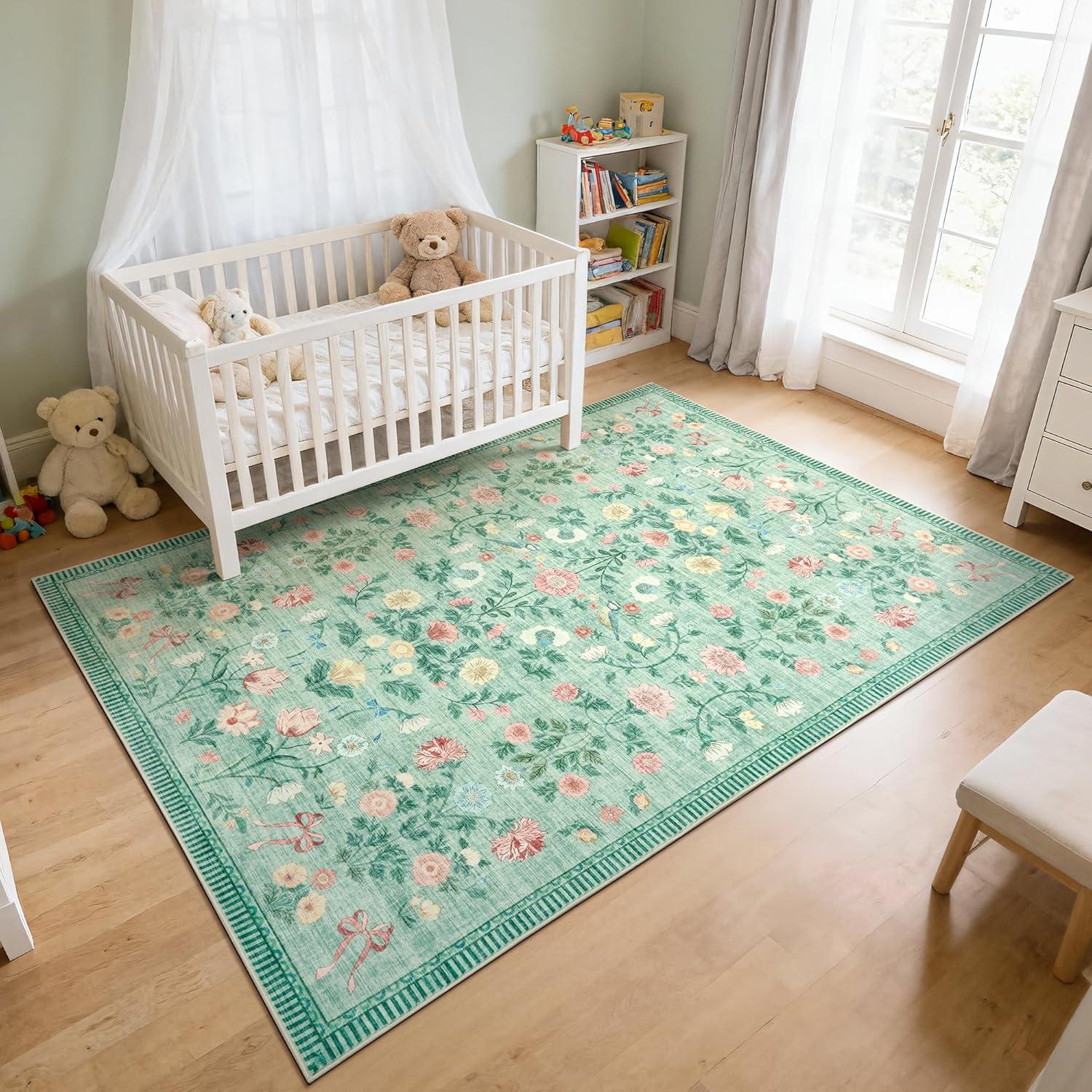 image:image5x7 Area Rugs Living Room Rug Vintage Washable Rug Floral Soft Carpet Indoor Floor NonSlip Stain Resistant Large Carpets for Bedroom Kids Nursery Dining Room Farmhouse Home Office BlackGreen