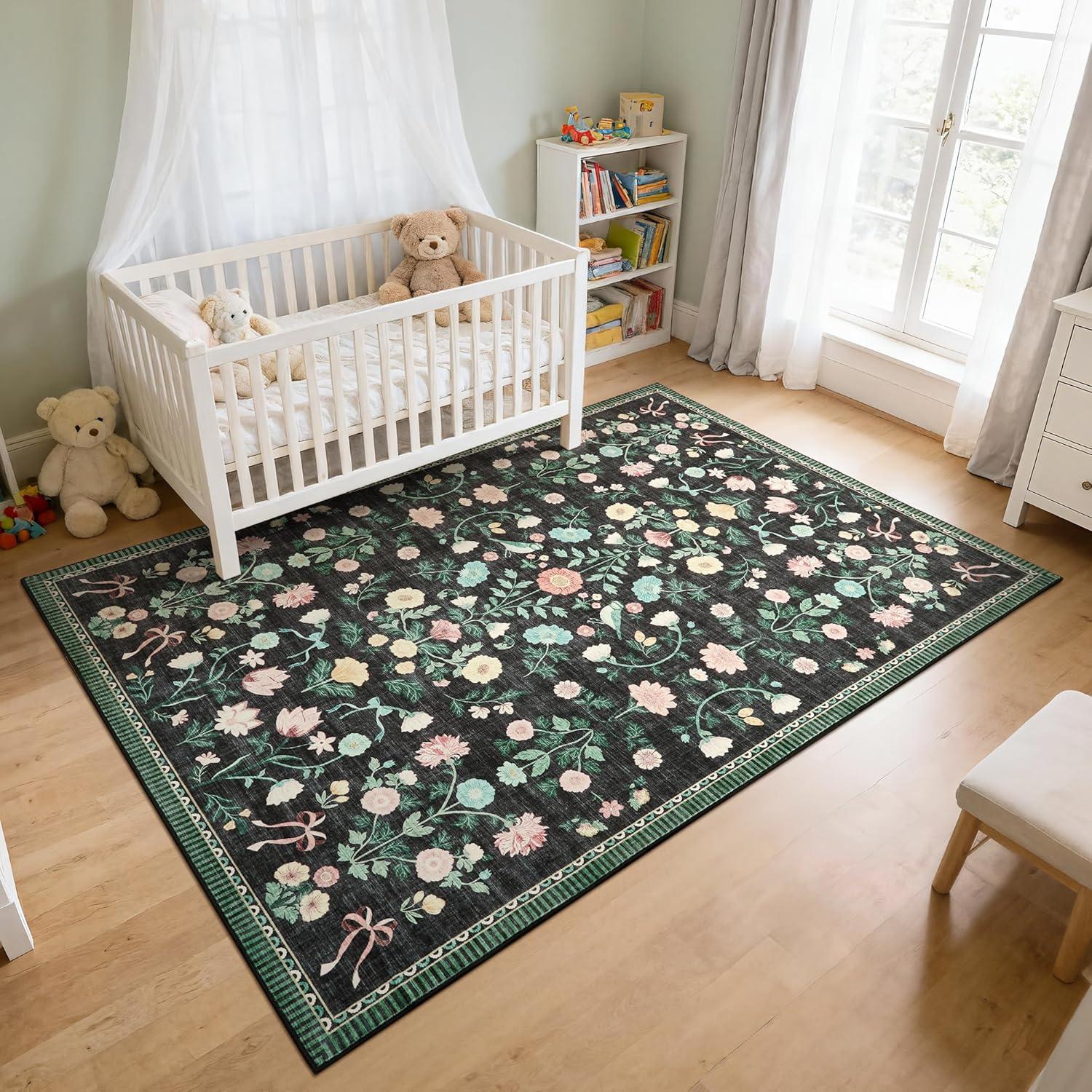 image:image5x7 Area Rugs Living Room Rug Vintage Washable Rug Floral Soft Carpet Indoor Floor NonSlip Stain Resistant Large Carpets for Bedroom Kids Nursery Dining Room Farmhouse Home Office BlackBlack