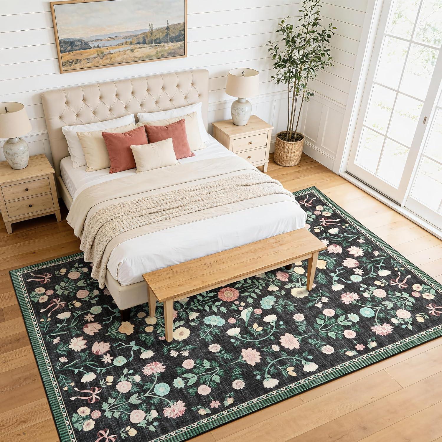 image:image5x7 Area Rugs Living Room Rug Vintage Washable Rug Floral Soft Carpet Indoor Floor NonSlip Stain Resistant Large Carpets for Bedroom Kids Nursery Dining Room Farmhouse Home Office BlackBlack