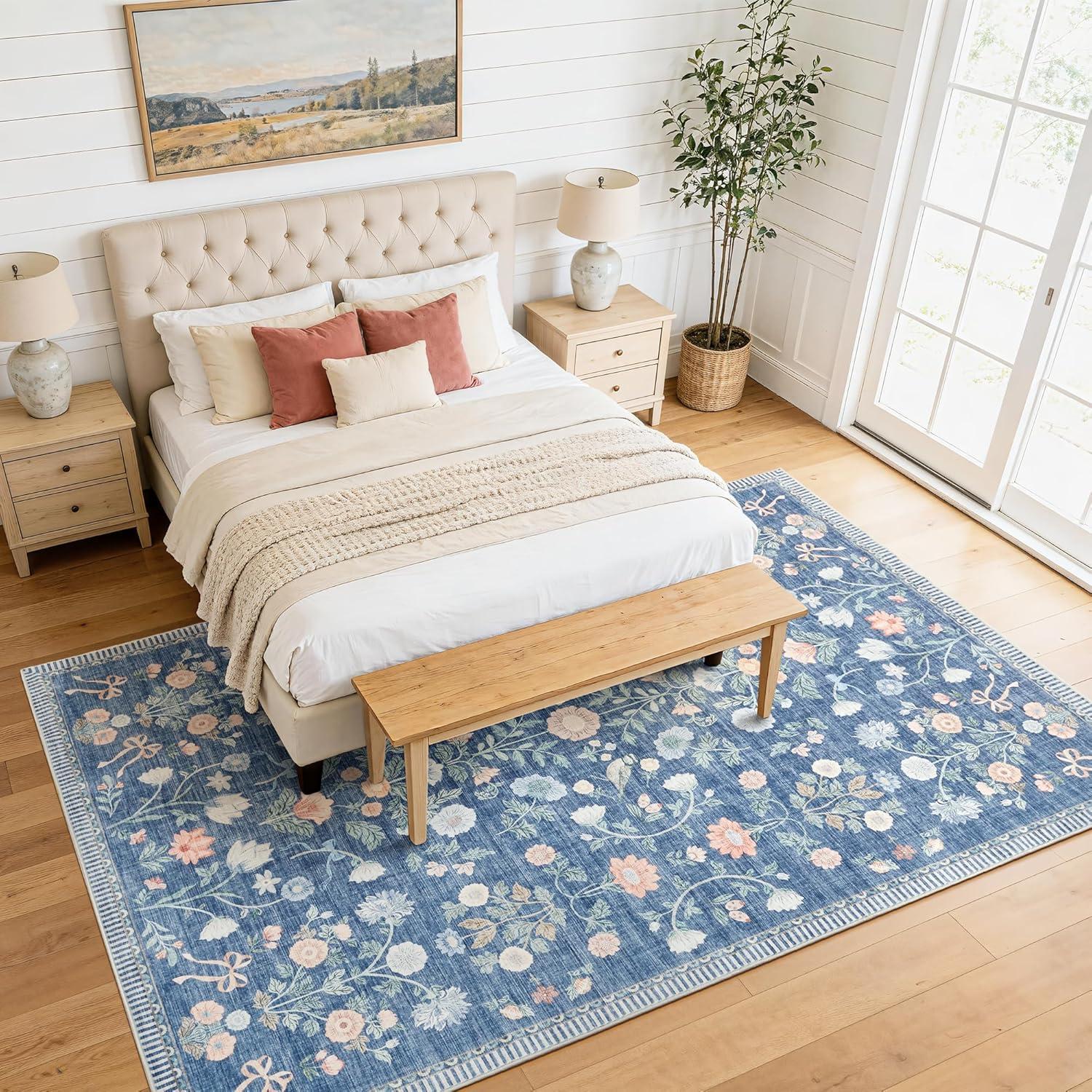image:image5x7 Area Rugs Living Room Rug Vintage Washable Rug Floral Soft Carpet Indoor Floor NonSlip Stain Resistant Large Carpets for Bedroom Kids Nursery Dining Room Farmhouse Home Office BlackBlue