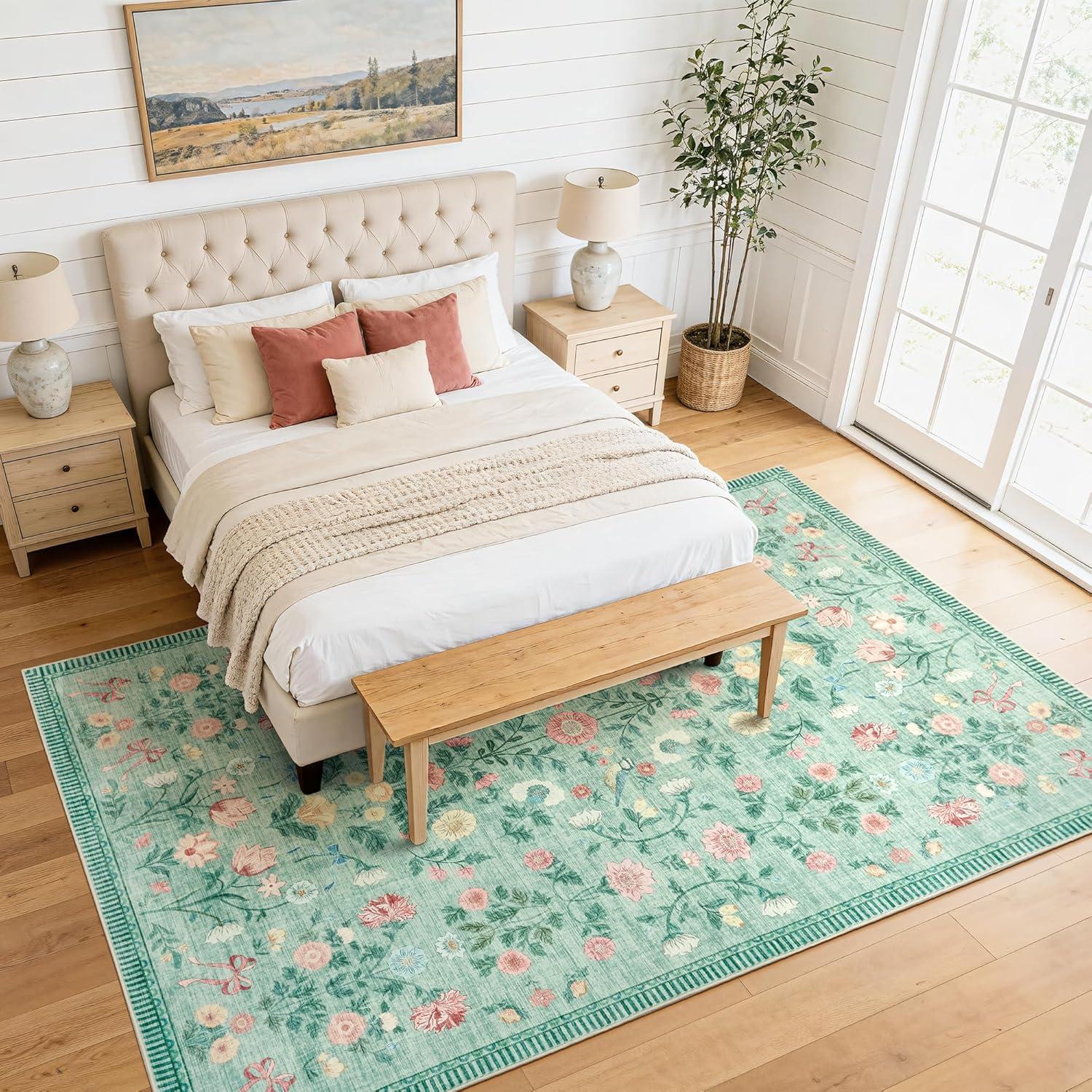 image:image5x7 Area Rugs Living Room Rug Vintage Washable Rug Floral Soft Carpet Indoor Floor NonSlip Stain Resistant Large Carpets for Bedroom Kids Nursery Dining Room Farmhouse Home Office BlackGreen