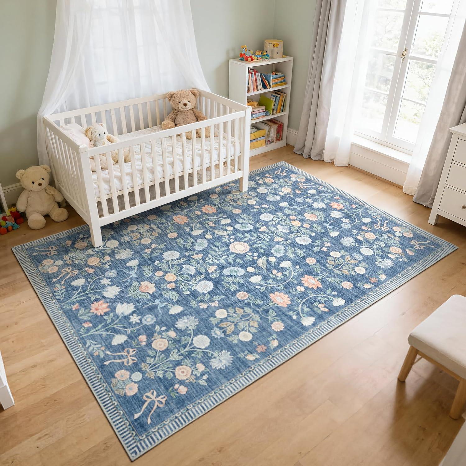 image:image5x7 Area Rugs Living Room Rug Vintage Washable Rug Floral Soft Carpet Indoor Floor NonSlip Stain Resistant Large Carpets for Bedroom Kids Nursery Dining Room Farmhouse Home Office BlackBlue