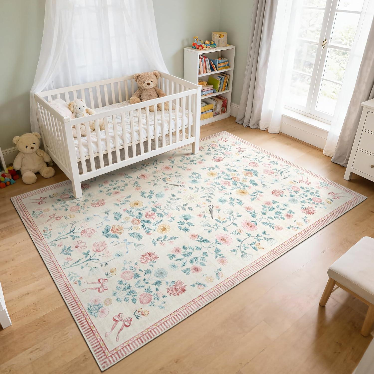 image:image5x7 Area Rugs Living Room Rug Vintage Washable Rug Floral Soft Carpet Indoor Floor NonSlip Stain Resistant Large Carpets for Bedroom Kids Nursery Dining Room Farmhouse Home Office BlackPink