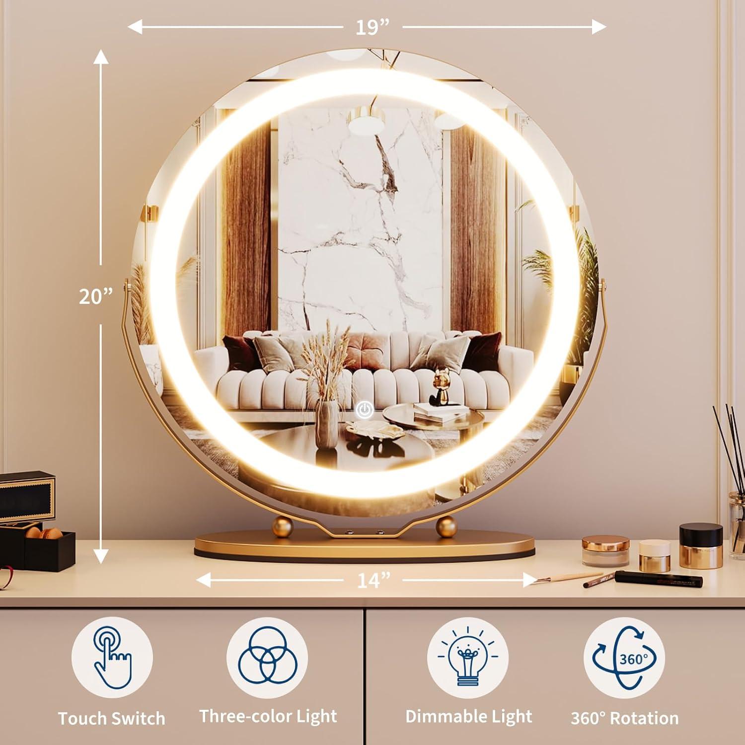 image:imageGarvee 19 in Vanity Mirror with Led Lights Large Round Makeup Mirror with Touch Control and 3 Color Lighting Modes Round Vanity Mirror for Bedroom Tabletop Living Room Easy to Install GoldGold