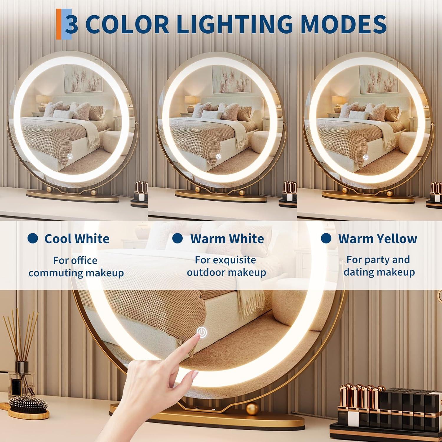 image:imageGarvee 19 in Vanity Mirror with Led Lights Large Round Makeup Mirror with Touch Control and 3 Color Lighting Modes Round Vanity Mirror for Bedroom Tabletop Living Room Easy to Install GoldGold