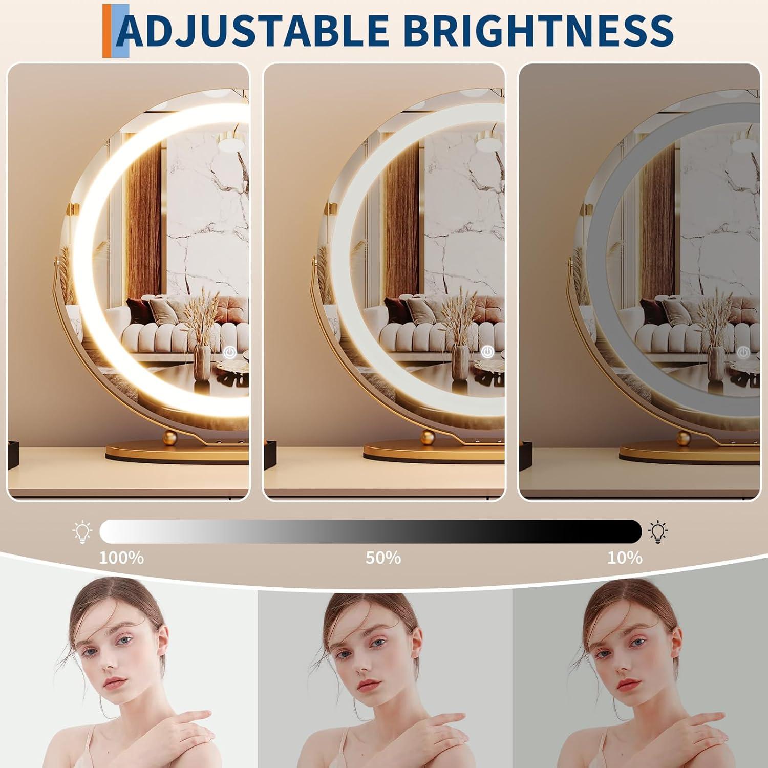 image:imageGarvee 19 in Vanity Mirror with Led Lights Large Round Makeup Mirror with Touch Control and 3 Color Lighting Modes Round Vanity Mirror for Bedroom Tabletop Living Room Easy to Install GoldGold