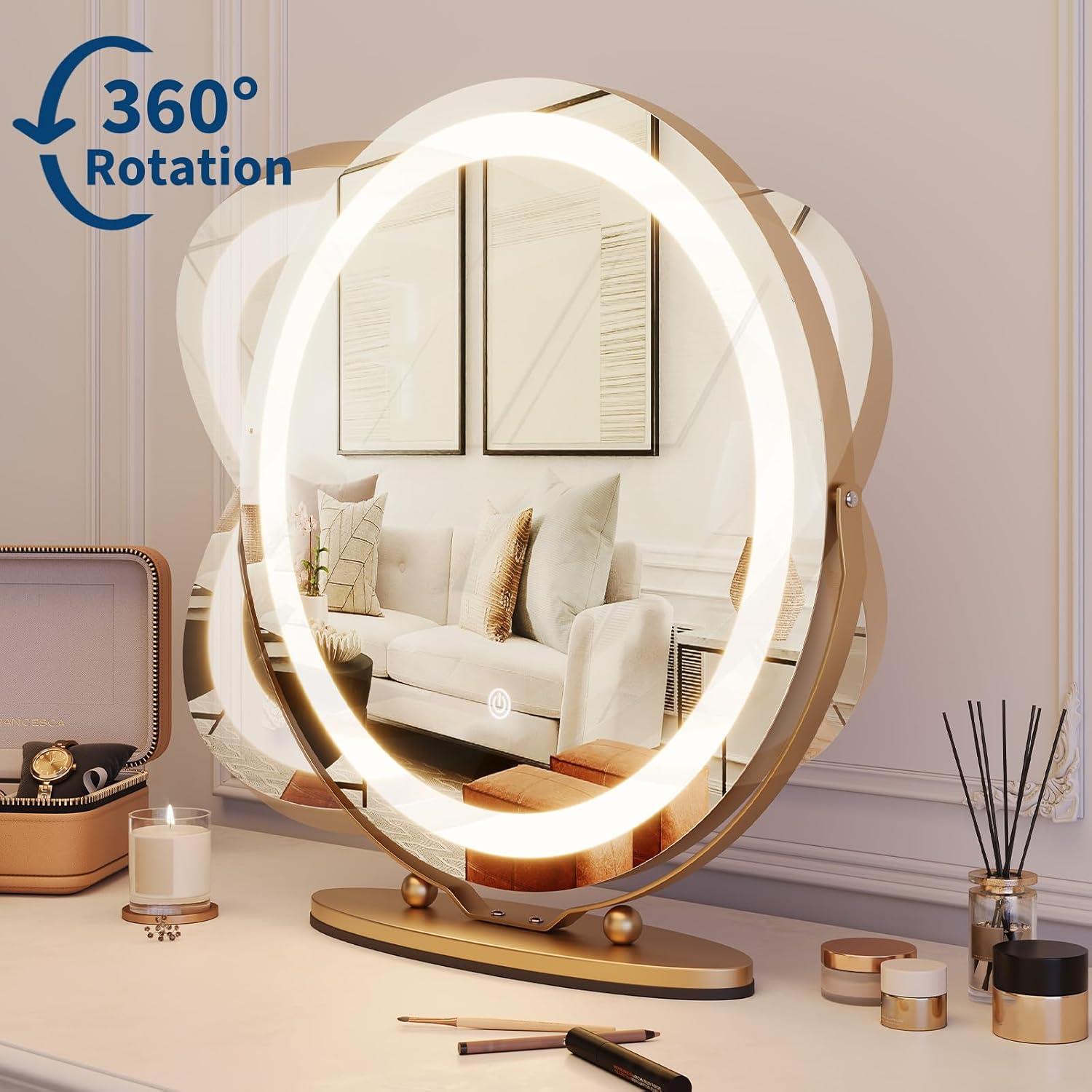 image:imageGarvee 19 in Vanity Mirror with Led Lights Large Round Makeup Mirror with Touch Control and 3 Color Lighting Modes Round Vanity Mirror for Bedroom Tabletop Living Room Easy to Install GoldGolden