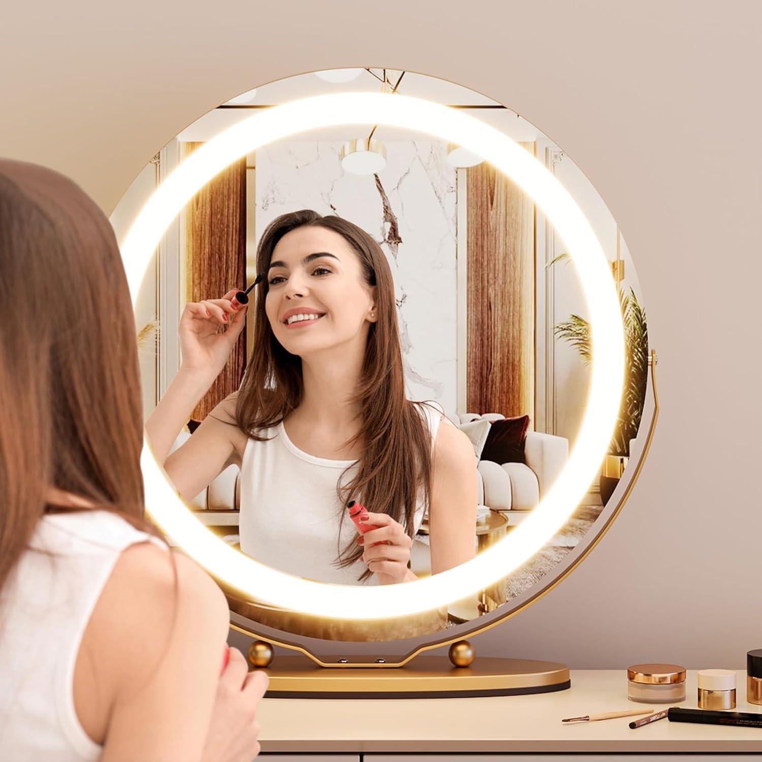 image:imageGarvee 19 in Vanity Mirror with Led Lights Large Round Makeup Mirror with Touch Control and 3 Color Lighting Modes Round Vanity Mirror for Bedroom Tabletop Living Room Easy to Install GoldGold