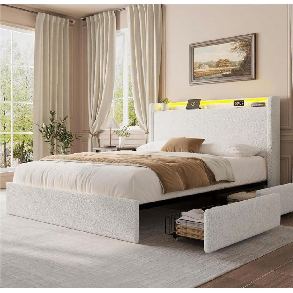 image:imageFull LED Bed Frame with 4 Storage Drawers and Storage Headboard Soft Boucle Upholstered Platform Bed Frame with Charging Station and USB Ports Solid Wood Slats Support No Box Spring Needed CreamWhite