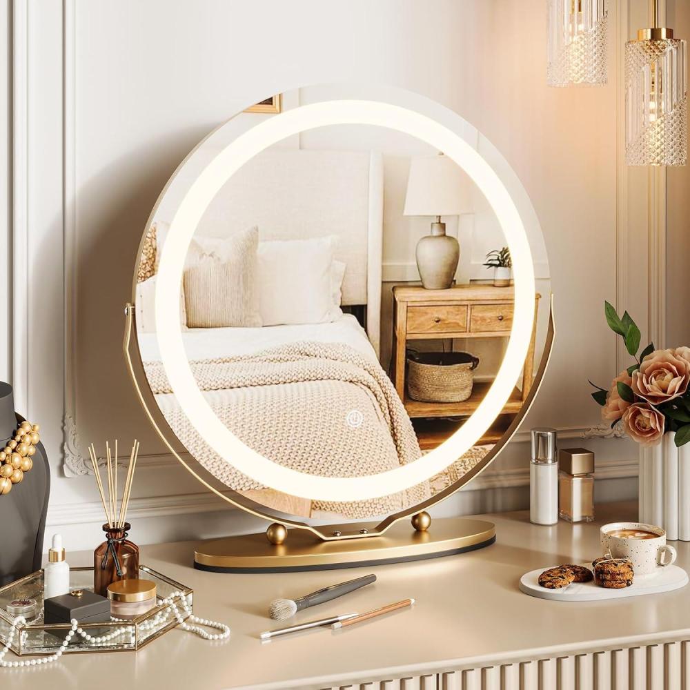 image:imageGarvee 19 in Vanity Mirror with Led Lights Large Round Makeup Mirror with Touch Control and 3 Color Lighting Modes Round Vanity Mirror for Bedroom Tabletop Living Room Easy to Install GoldGolden