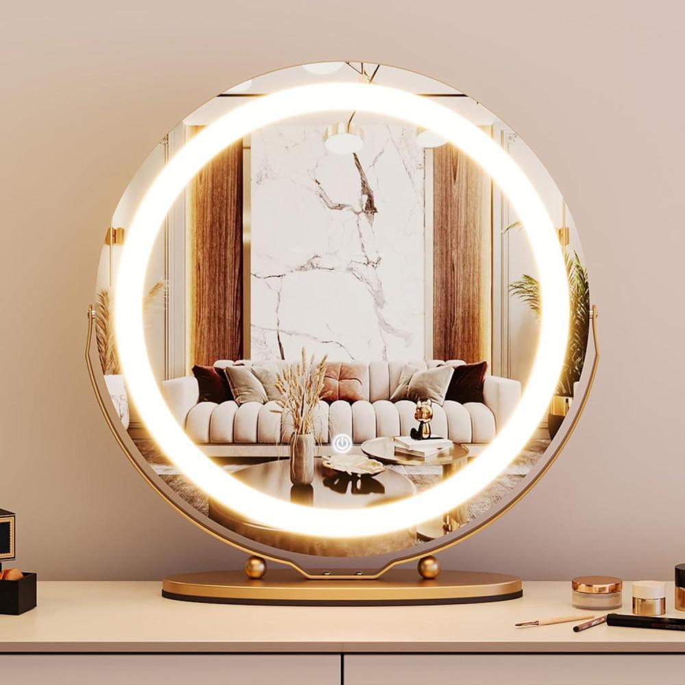 image:imageGarvee 19 in Vanity Mirror with Led Lights Large Round Makeup Mirror with Touch Control and 3 Color Lighting Modes Round Vanity Mirror for Bedroom Tabletop Living Room Easy to Install GoldGold