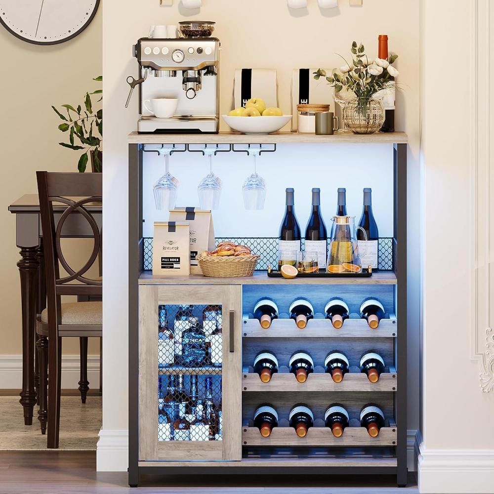 image:imageGarvee 3Tier Wine Bar Cabinet with Lights Liquor Cabinet with Wine Rack amp Glass Holder Coffee Bar with Storage amp Door Sideboard Buffet Bar for Living Room Dining Room Kitchen BrownGrey  Led Light
