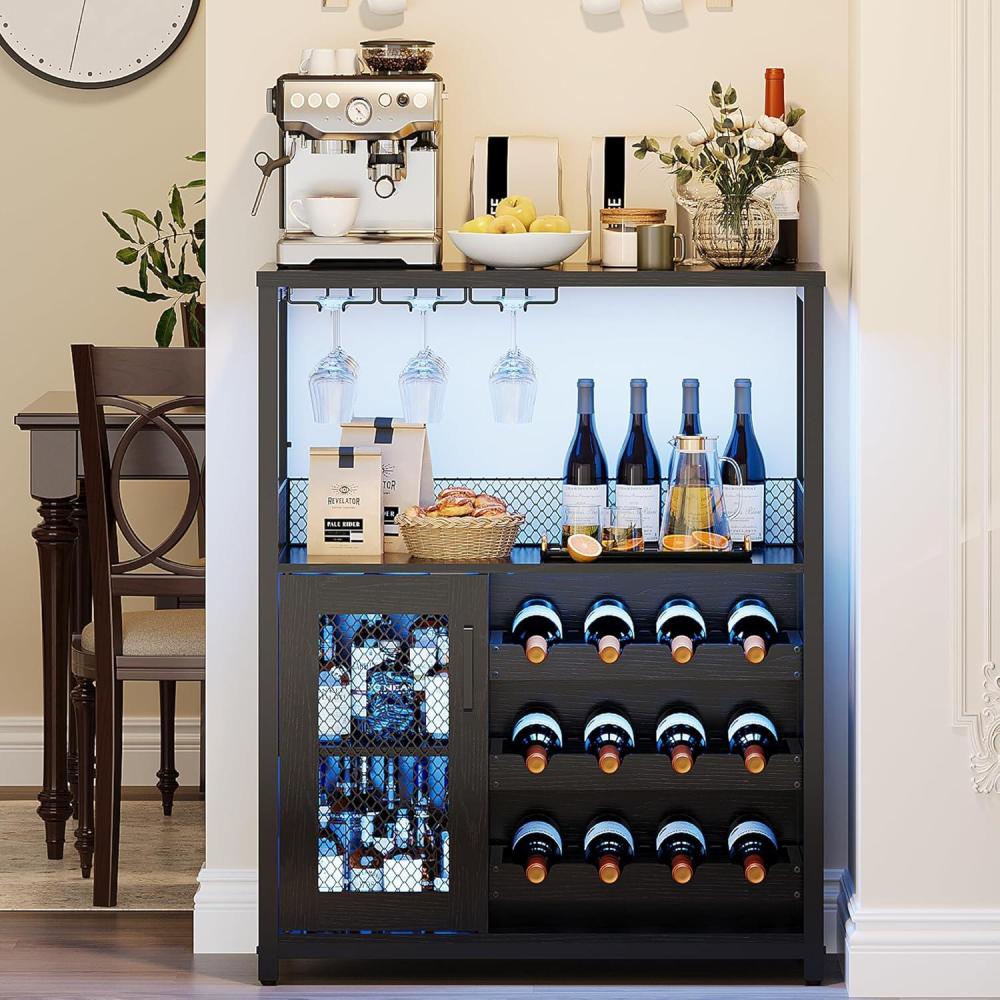 image:imageGarvee 3Tier Wine Bar Cabinet with Lights Liquor Cabinet with Wine Rack amp Glass Holder Coffee Bar with Storage amp Door Sideboard Buffet Bar for Living Room Dining Room Kitchen BrownBlack  Led Light