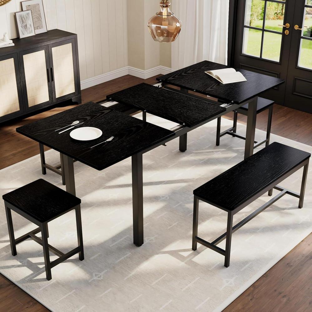 image:imageGarvee 5 PCs Extendable Dining Table Set for 48 People 63 in Kitchen Table with 2 Benches amp 2 Stools Modern Dining Room Furniture Easy Assembly Metal FrameBlack