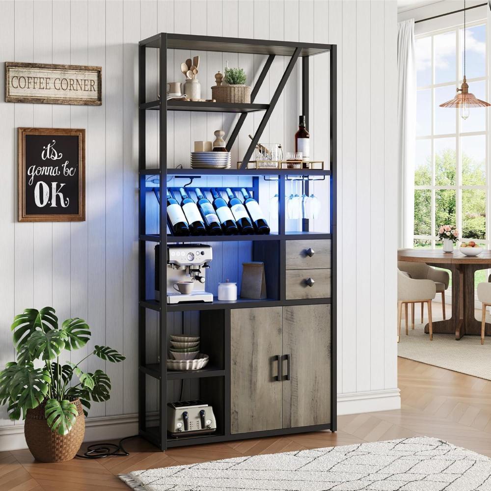 image:imageGarvee Bar Cabinet with LED Lights 712 in Tall Wine Liquor Cabinets with Power Outlets and Glass Holder Coffee Bar Station for Living Room Microwave Stand Bakers Rack CabinetsGrey