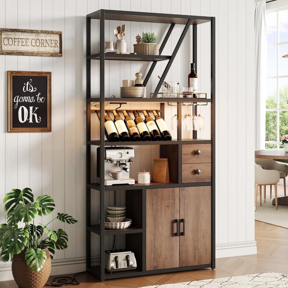image:imageGarvee Bar Cabinet with LED Lights 712 in Tall Wine Liquor Cabinets with Power Outlets and Glass Holder Coffee Bar Station for Living Room Microwave Stand Bakers Rack CabinetsBrown