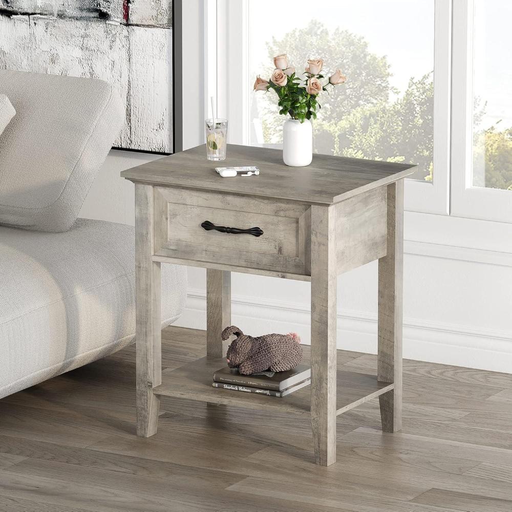 image:imageGarvee End Table with Drawer Nightstand with 2 Tiers Storage Shelves Side Table with Dresser Bedside Table for Living Room Bedroom Dorm GreyGrey