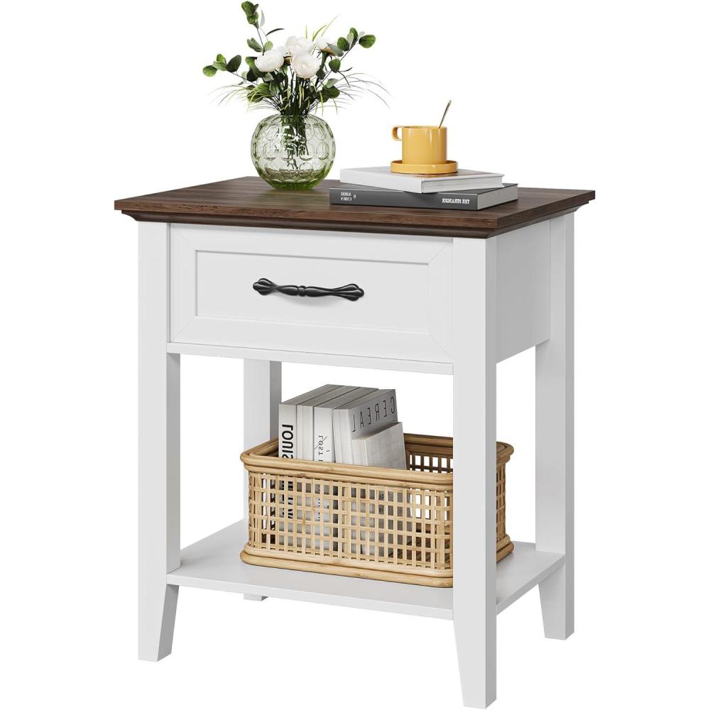 image:imageGarvee End Table with Drawer Nightstand with 2 Tiers Storage Shelves Side Table with Dresser Bedside Table for Living Room Bedroom Dorm GreyWhite  Brown