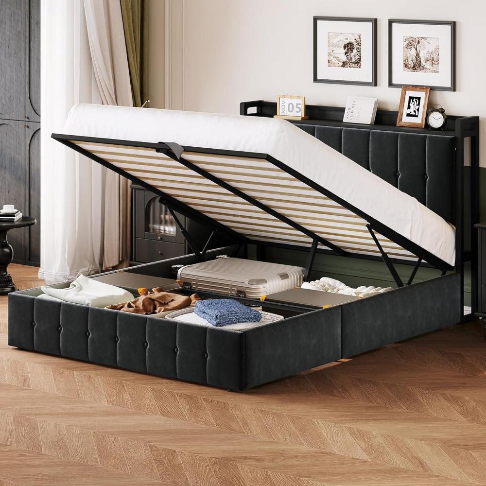 image:imageGarvee Full Size Lift Up Storage Bed Upholstered Velvet Bed Frame with Storage Headboard Metal Platform Bed No Box Spring Needed Solid Wooden Slats Noise Free Black