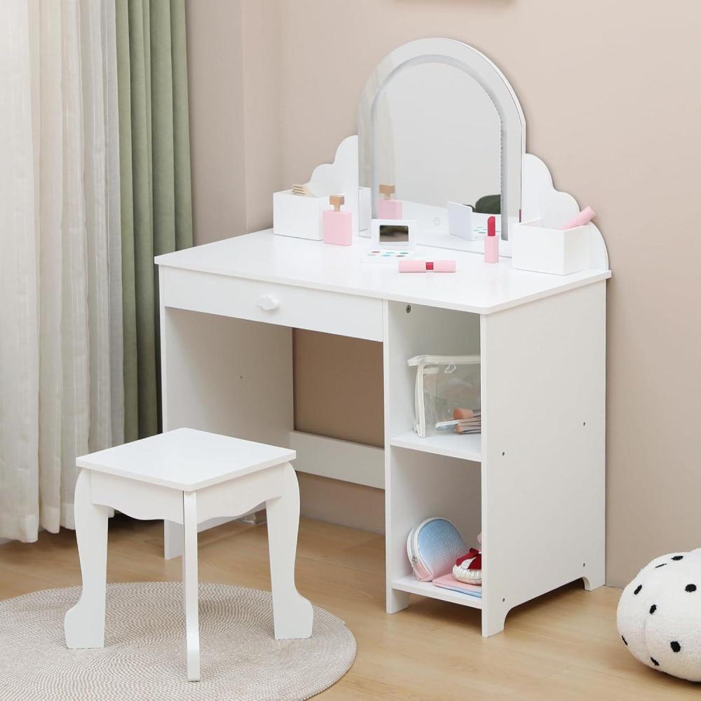 image:imageGarvee Kids Vanity with Lighted Mirror amp Stool Little Girls Vanity with Adjustable LED Light Storage Drawer amp Shelves for Girls 39 PinkPure White