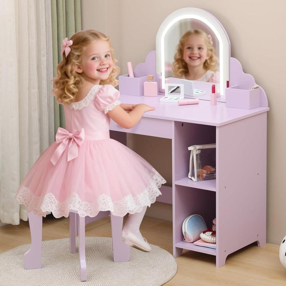 image:imageGarvee Kids Vanity with Lighted Mirror amp Stool Little Girls Vanity with Adjustable LED Light Storage Drawer amp Shelves for Girls 39 PinkPurple