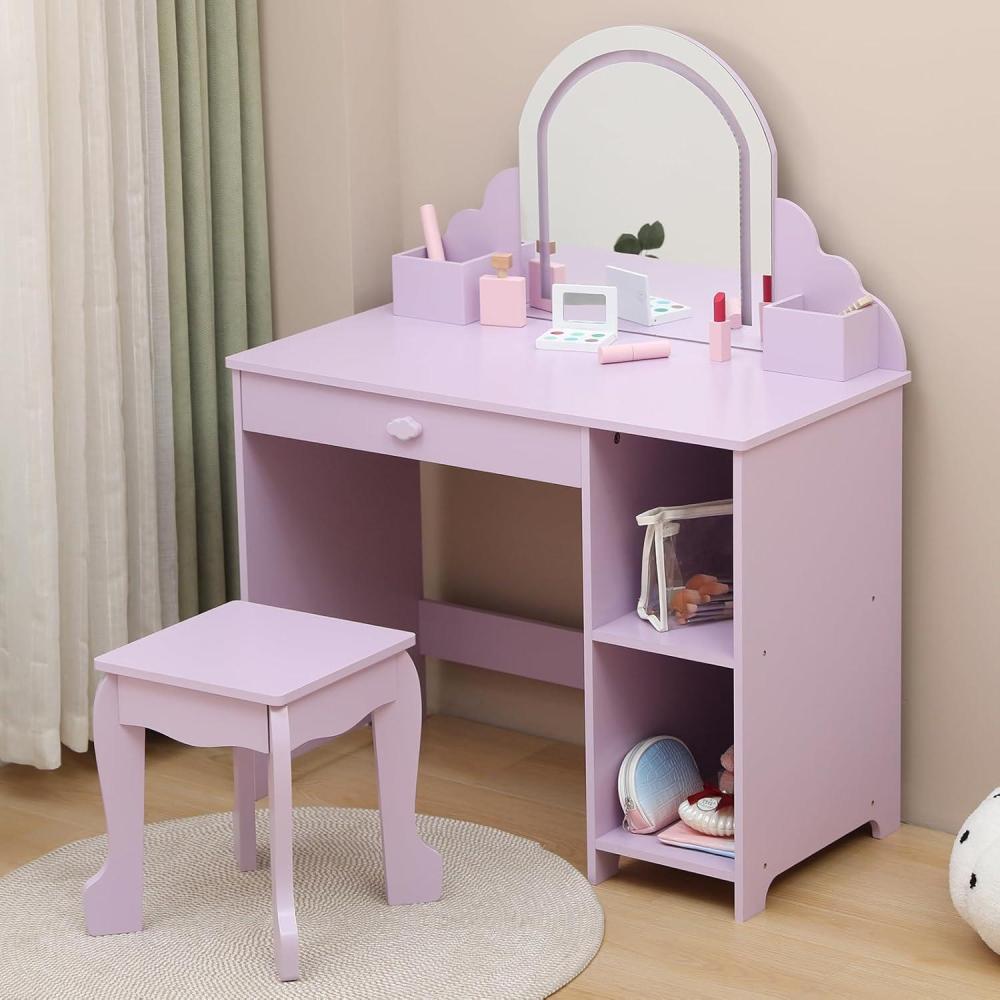 image:imageGarvee Kids Vanity with Lighted Mirror amp Stool Little Girls Vanity with Adjustable LED Light Storage Drawer amp Shelves for Girls 39 PinkPurple With Playset